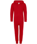 The CC01J by Comfy Co is a red one-piece outfit featuring a hood, front zipper, front pockets, and ribbed cuffs at the sleeves and ankles.
