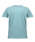 A plain light blue T-shirt with short sleeves and a crew neckline is shown against a white background, featuring no visible logos or designs.