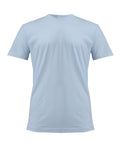 A light blue, short-sleeve crew neck T-shirts product is shown against a white background.