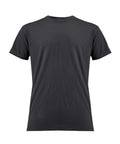 A black, short-sleeved crew neck T-shirt is laid flat against a white background, featuring a plain design without any logos, graphics, or text.