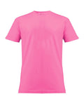 A bright pink, short-sleeved crew neck T-shirt is shown against a white background, featuring a plain design with no patterns or visible logos.