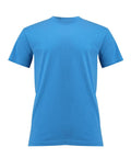 A solid blue crew neck T-shirt, featuring short sleeves and a plain design with no visible logos or patterns, is displayed against a white background.
