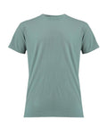 A muted teal, short-sleeved crew neck T-shirt is displayed on a white background, shown from the front with no visible logos or designs.