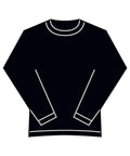 Simple illustration of a black long-sleeve T-shirt with white outlines, crew neck, and two angled front pockets. The T-shirt is shown laid flat.