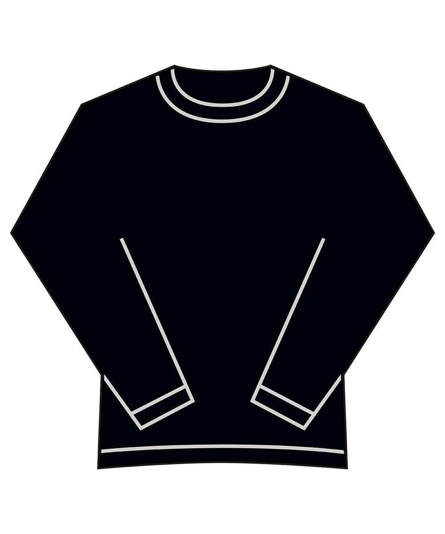 Simple illustration of a black long-sleeve T-shirt with white outlines, crew neck, and two angled front pockets. The T-shirt is shown laid flat.