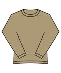 Illustration of a plain, long-sleeved beige T-shirt with a crew neckline, displayed flat on a white background.