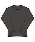 A simple illustration of a dark grey, long-sleeve, crew neck T-shirt with no visible patterns or logos, displayed on a plain white background.