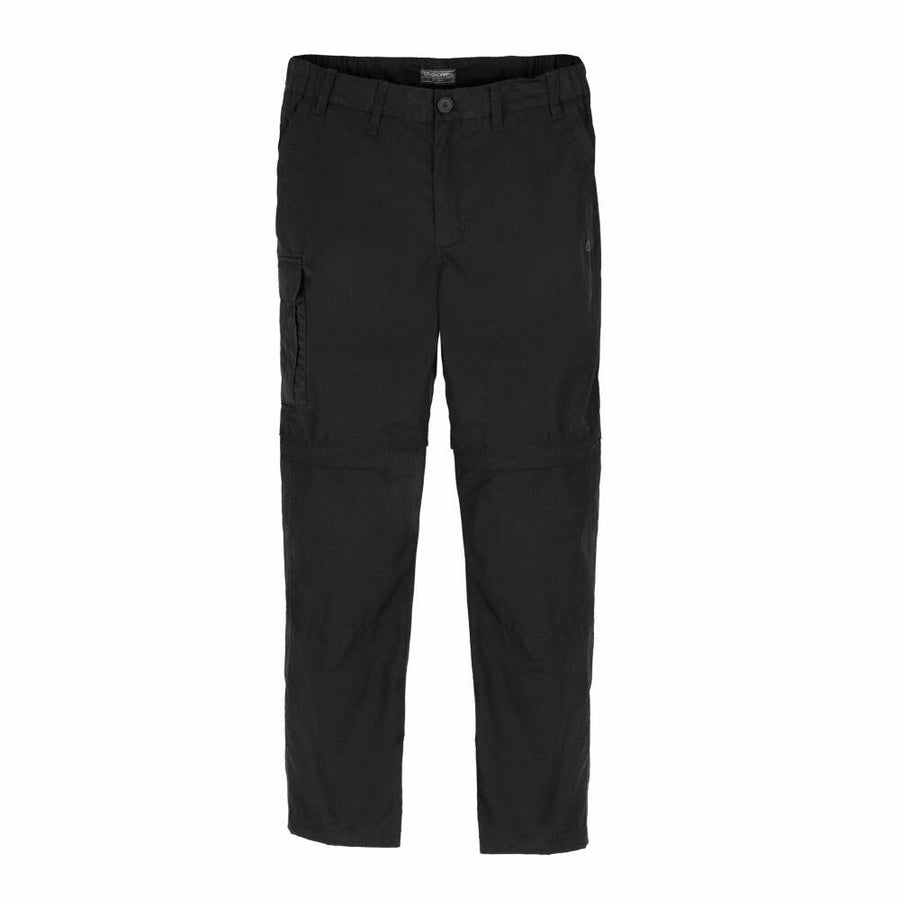 Craghoppers' CR235 black cargo pants featuring multiple pockets set against a white background.