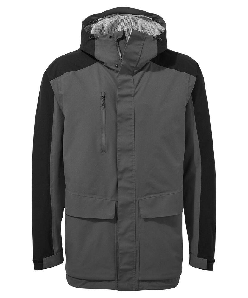 A Craghoppers CR301 hooded jacket in gray and black, featuring a front zipper, chest pocket, and two flap pockets.