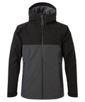 The CR303 by Craghoppers is a hooded jacket featuring a stylish two-toned design in black and dark gray, complete with a front zipper and convenient side pockets.
