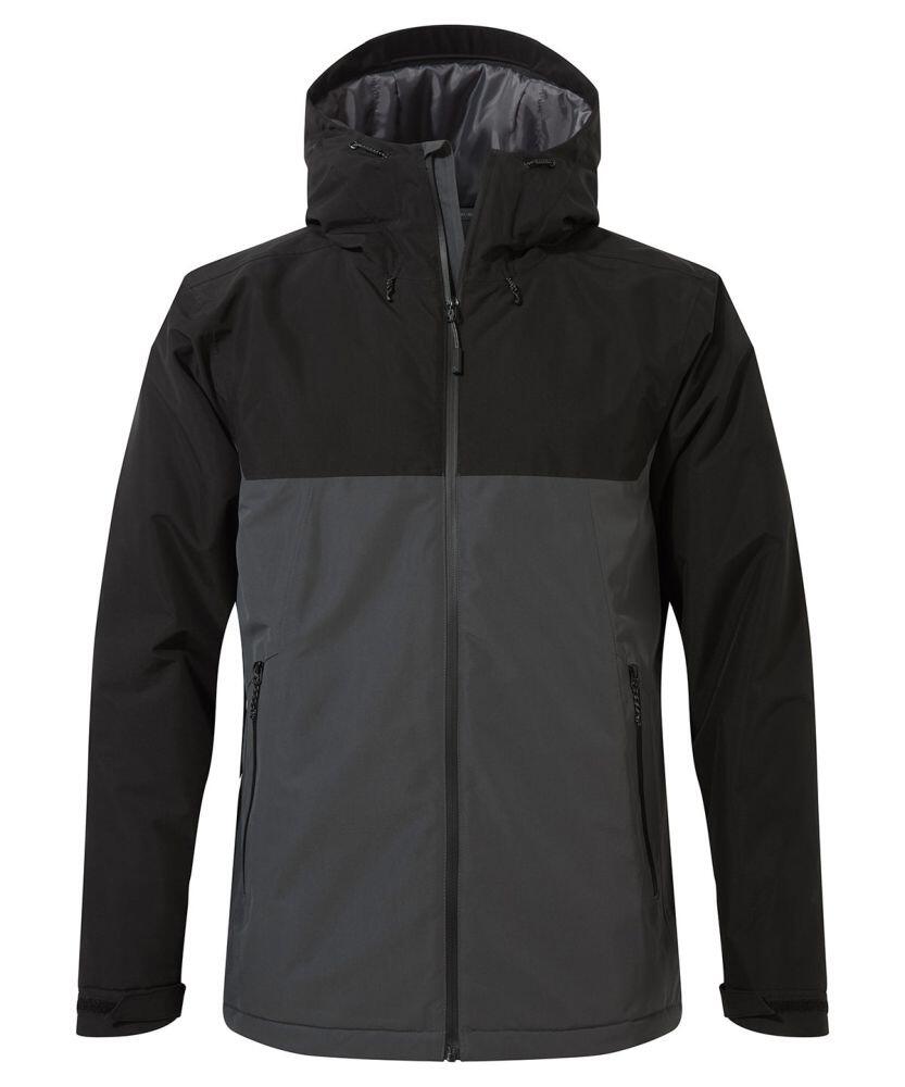 The CR303 by Craghoppers is a hooded jacket featuring a stylish two-toned design in black and dark gray, complete with a front zipper and convenient side pockets.