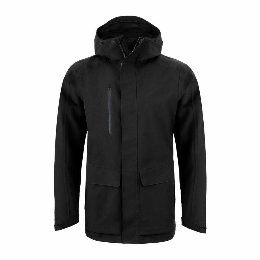 The Craghoppers CR305, a black hooded jacket with a zipper and front pockets, is displayed against a white background.