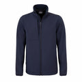 Introducing the Craghoppers CR309, a navy blue softshell jacket boasting a full front zipper and high collar. This sleek, minimalist design includes long sleeves and practical zippered pockets on both sides, along with a small chest pocket for added convenience.