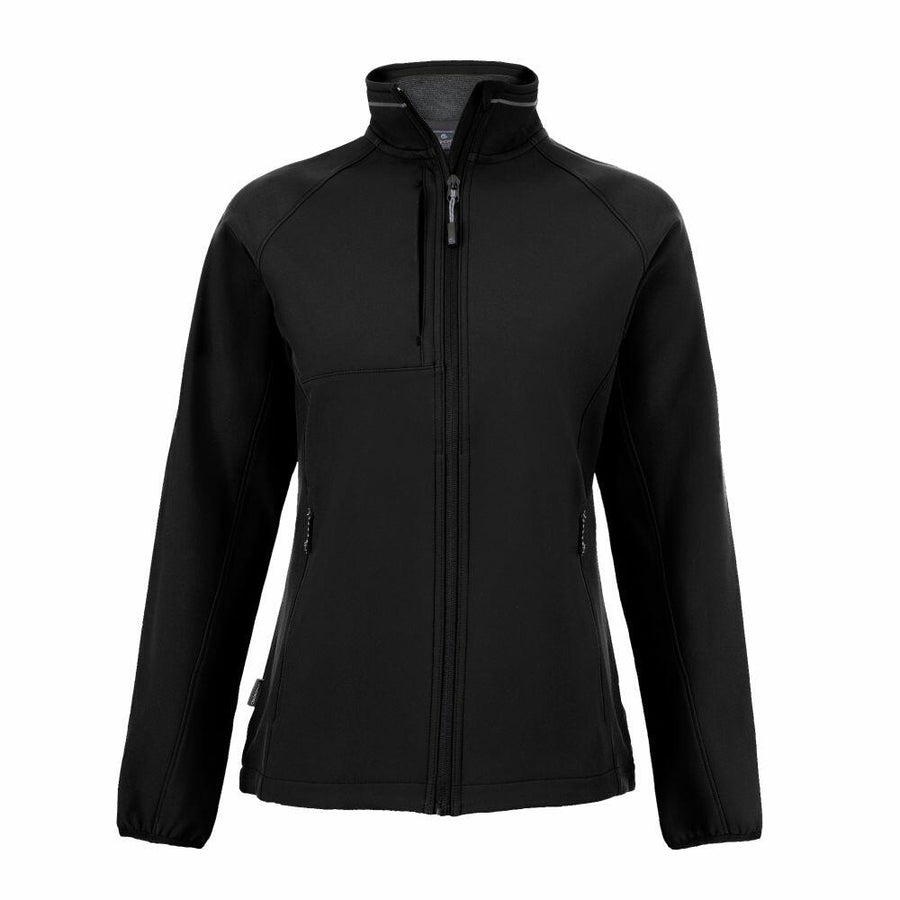 A Craghoppers CR310 jacket in black, featuring a soft-shell design with a front zipper, high collar, and two zippered side pockets.