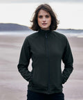 A person wearing a dark Craghoppers CR310 jacket stands on a beach with their hands in their pockets. The background features a shoreline and distant hills under an overcast sky.