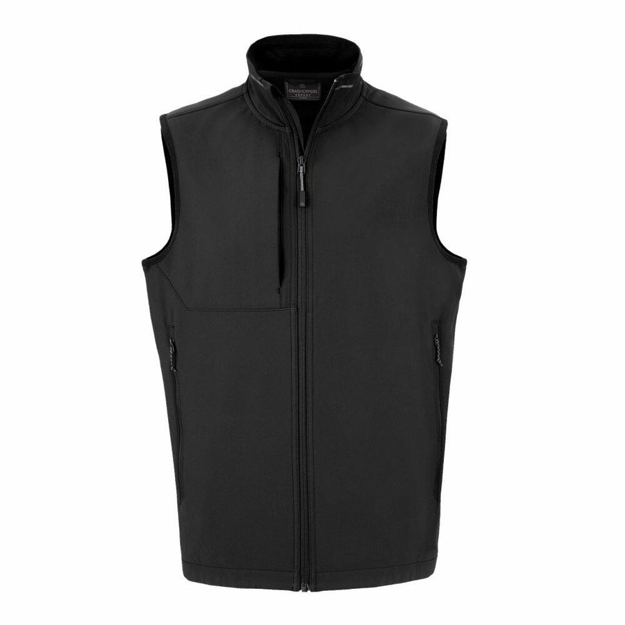 The CR313 by Craghoppers is a black sleeveless vest featuring a front zipper and two zippered pockets.