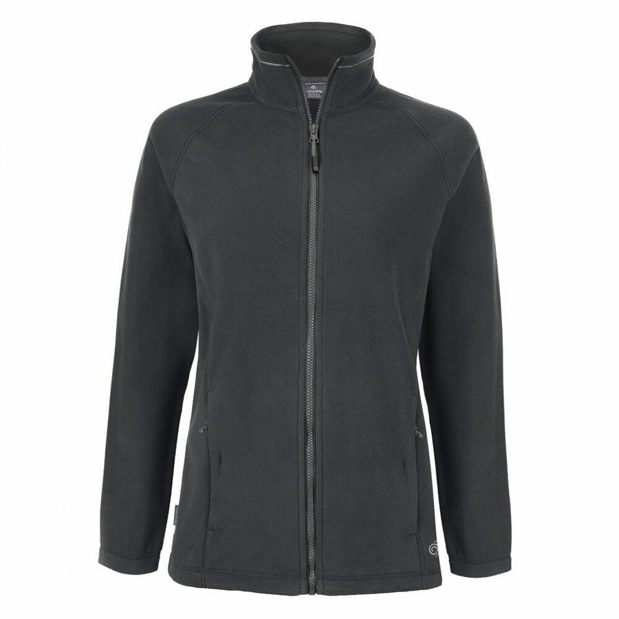 The Craghoppers CR316 is a black zip-up fleece jacket featuring a high collar and two side pockets.