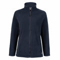 Introducing the Craghoppers CR316: a stylish navy blue fleece jacket for women, featuring a high collar and full-length zipper. It comes with long sleeves and convenient side pockets, crafted from soft, insulated material for extra comfort.