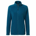 A Craghoppers CR316 is a teal zip-up fleece jacket featuring a high collar, long sleeves, and two side pockets, boasting a simple and sleek design. It is showcased on a plain white background.