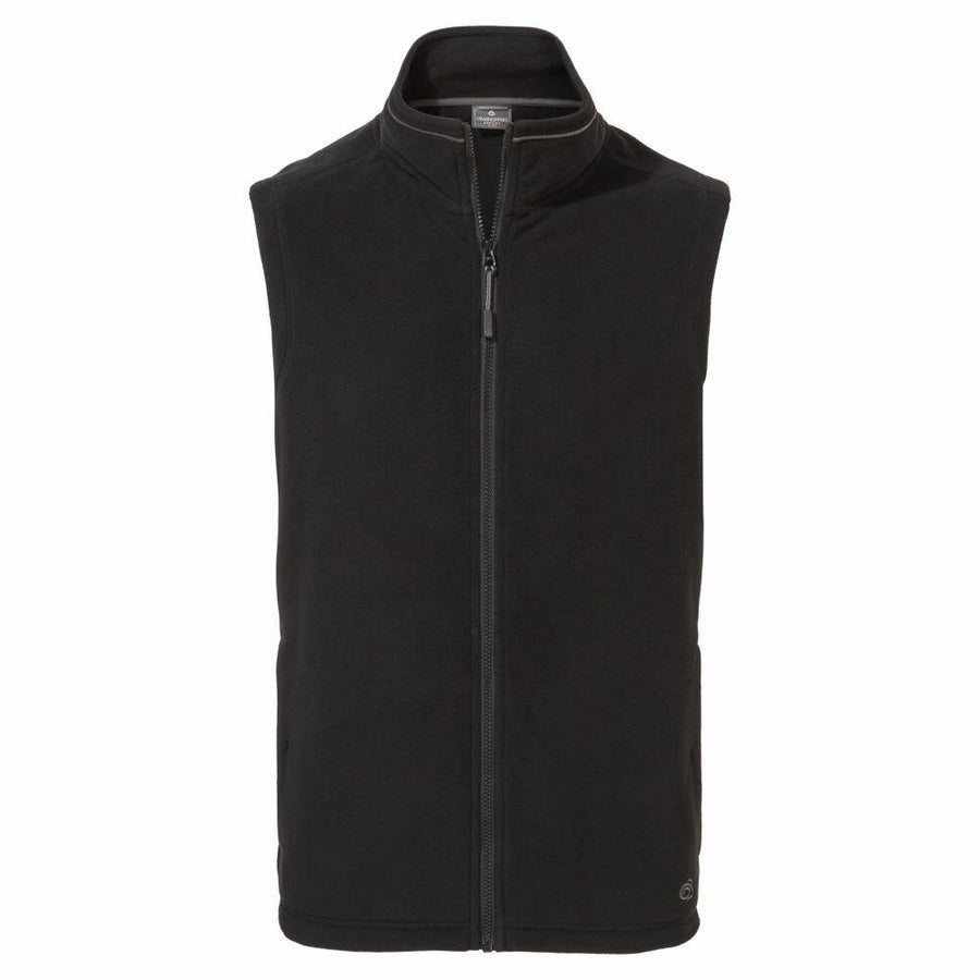 A black Craghoppers fleece vest, model CR319, featuring a zip-up front and a high collar.