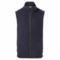 The CR319 by Craghoppers is a navy blue fleece vest featuring a full front zipper and a stand-up collar.