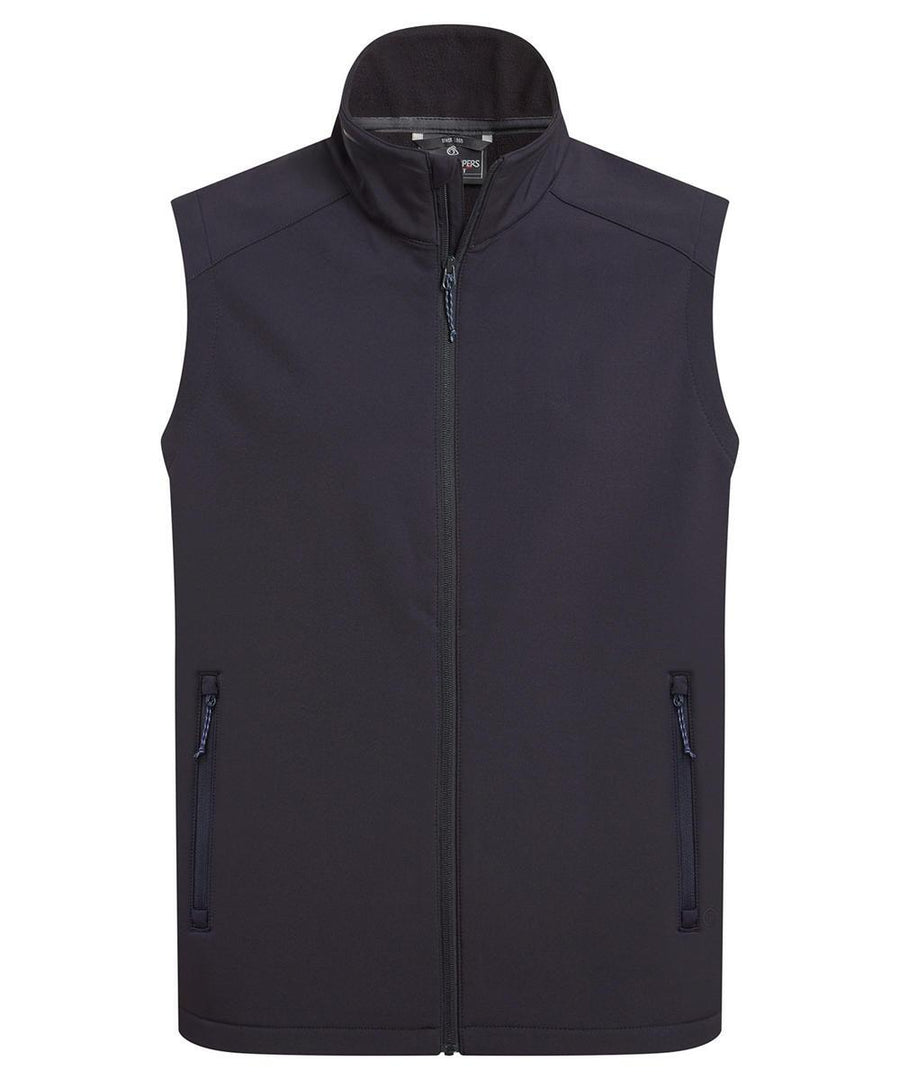 The Gilets & Body Warmers is a sleeveless black softshell gilet featuring a high collar, full front zip, and two zipped side pockets, shown against a white background.