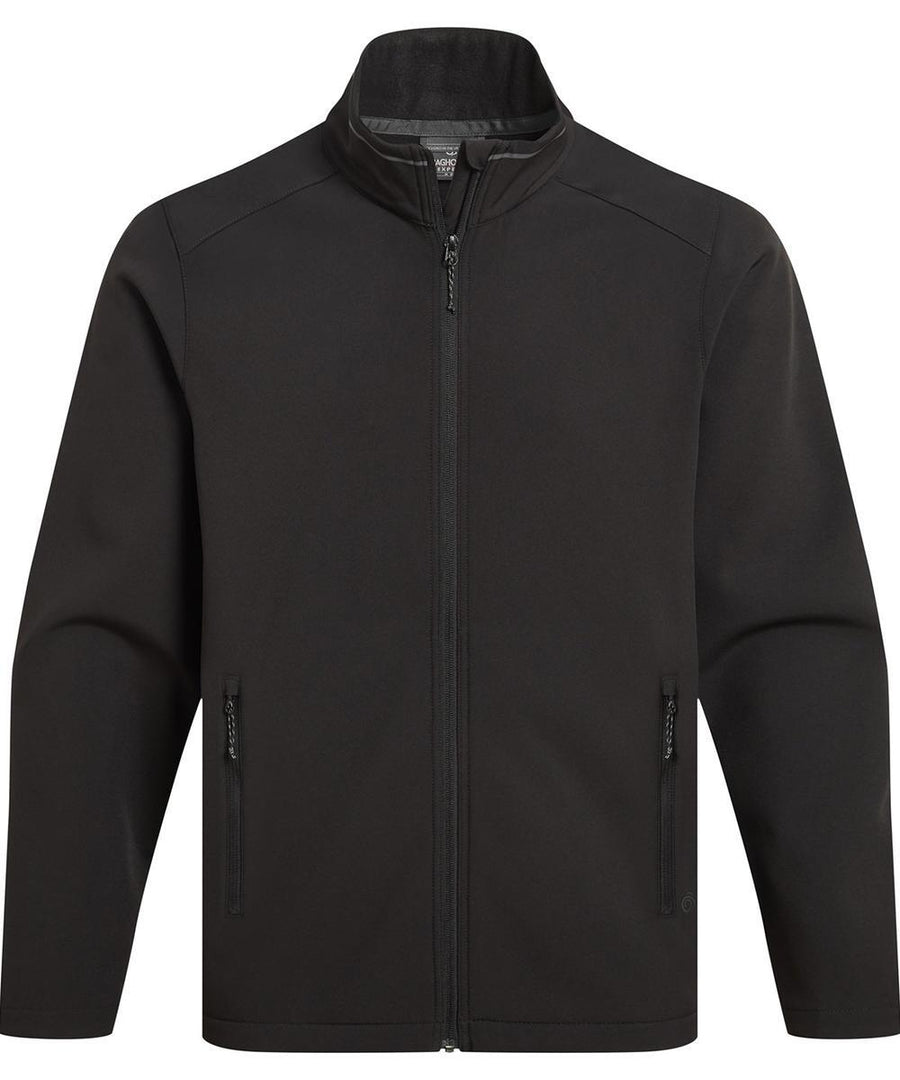 The Softshells jacket in black features long sleeves, a zip-up front, stand-up collar, and two zipped side pockets, shown front-facing on a plain white background.