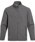 The Softshells jacket is a plain, long-sleeve grey design with a high collar, full front zip, and two zipped side pockets, shown on a white background.