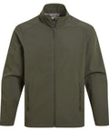 The Softshells jacket features an olive green colour, full front zip, two zipped side pockets, stand-up collar, and long sleeves, shown on a white background.