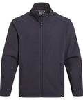 The Softshells jacket features a dark navy blue colour, zip-up front, high collar, long sleeves, and two zippered side pockets. It has a smooth texture and a minimalist design.