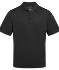 The Polos is a plain black short-sleeve polo shirt featuring a collar and three buttons at the neckline, shown against a white background.