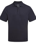 A black polo short-sleeve shirt featuring a collar and three-button placket, shown on a white background.