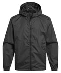 The Jackets product is black, lightweight, and hooded with a front zip, elasticated cuffs, adjustable hood drawstrings, and smooth water-resistant material. Shown on a plain white background.