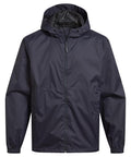 Jackets in dark navy feature a hood, front zip, elasticated cuffs, and high collar. Shown against a plain white background.