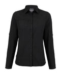 A Craghoppers CR541 black, long-sleeved button-up shirt featuring a single chest pocket, displayed against a white background.