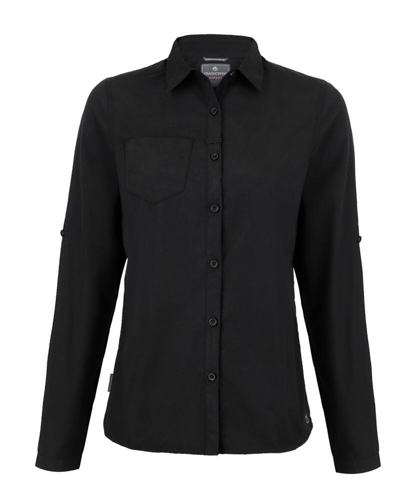 A Craghoppers CR541 black, long-sleeved button-up shirt featuring a single chest pocket, displayed against a white background.