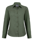 A Craghoppers CR541 olive green shirt featuring long sleeves, a button-up design, and a single chest pocket, showcased on a white background.