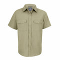 The Craghoppers CR542 is an olive green short-sleeve button-up shirt featuring two chest pockets.