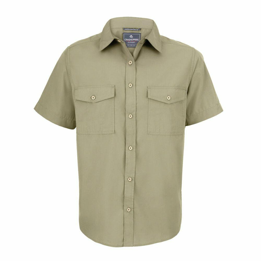 The Craghoppers CR542 is an olive green short-sleeve button-up shirt featuring two chest pockets.