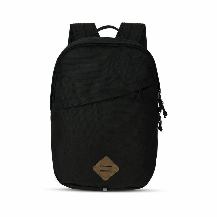 A Craghoppers CR622 black backpack featuring a front zipper pocket and a brown diamond-shaped patch at the bottom center.