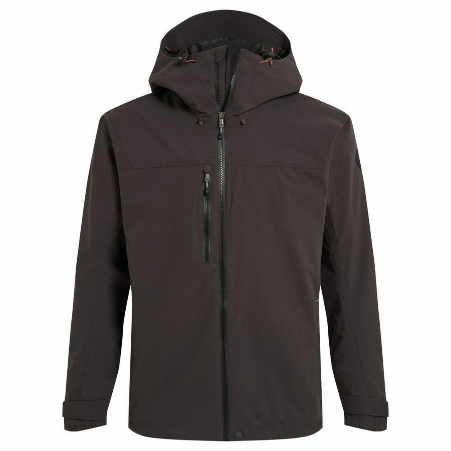 Craghoppers' CR700 is a black hooded jacket with a front zipper and chest pocket, featuring adjustable drawstrings on the hood.