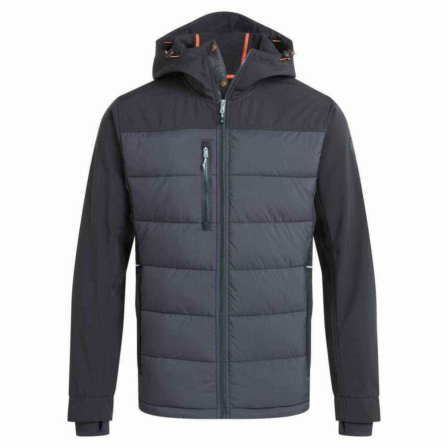The Craghoppers CR701 is a black and gray hooded jacket featuring a front zipper and a chest pocket.