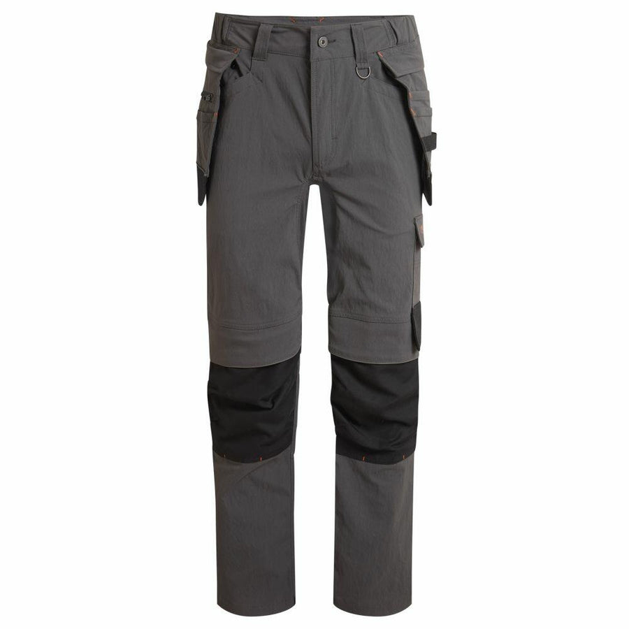 The CR705 work pants by Craghoppers are gray with multiple pockets and black knee patches, crafted for durability and utility.