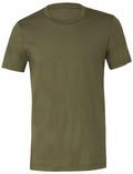 A plain olive green T-shirt with short sleeves and a crew neckline from Bella + Canvas, product code CV001, displayed against a white background.