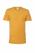 A plain mustard yellow T-shirt, model CV001 by Bella + Canvas, is displayed on a white background. It features short sleeves and a round neckline.