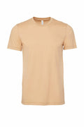 A plain beige short-sleeve T-shirt, displayed on a white background and shown from the front, features a simple crew neck design and casual fit. This product is the CV001 by Bella + Canvas.