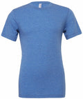 The image showcases a plain blue T-shirt, model CV003 from Bella + Canvas, set against a white background. It features short sleeves, a round neckline, and boasts a simple yet classic design.