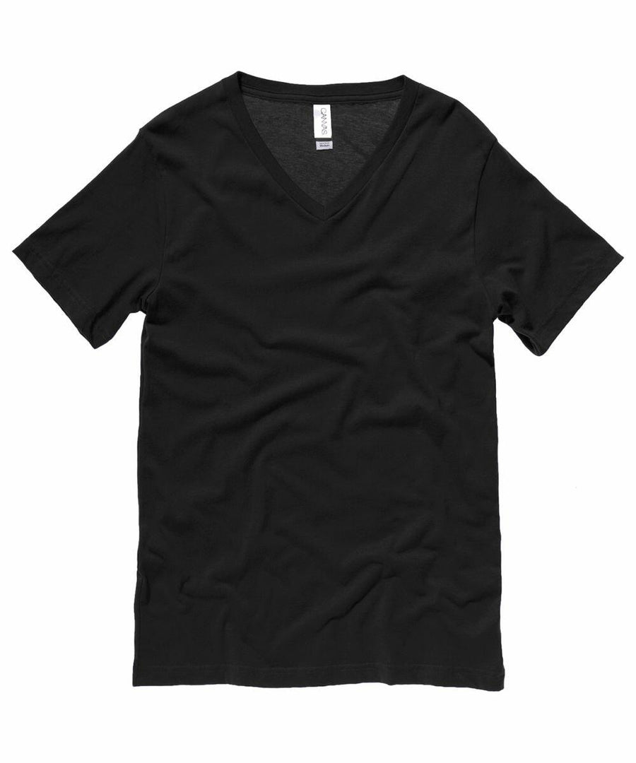 Bella + Canvas CV009 V-neck T-shirt in plain black on a white background.