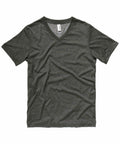 A Bella + Canvas CV009 T-shirt in dark gray, featuring a V-neck design, is laid flat on a white background.