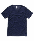 A Bella + Canvas CV009 plain navy blue V-neck T-shirt is showcased on a white background. This short-sleeved shirt boasts a simple, casual design.